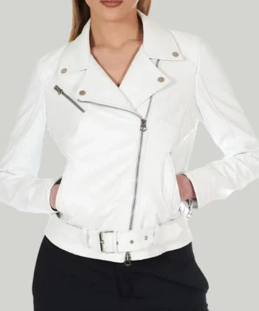 Womens White Leather Moto Jacket