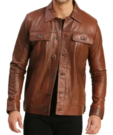 Brown Leather Trucker Jacket Mens