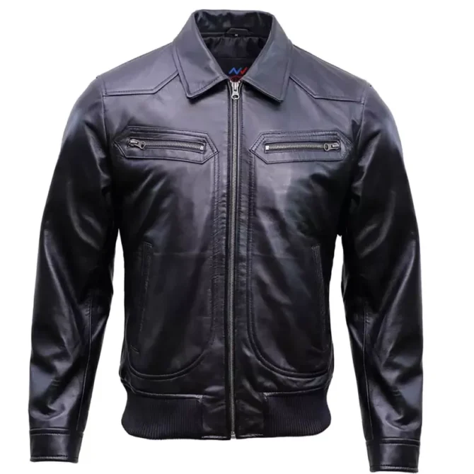 Men's Vintage Black Leather Bomber Jacket
