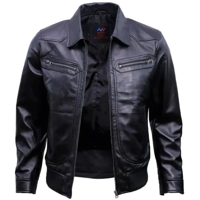 Men's Vintage Black Leather Bomber Jacket