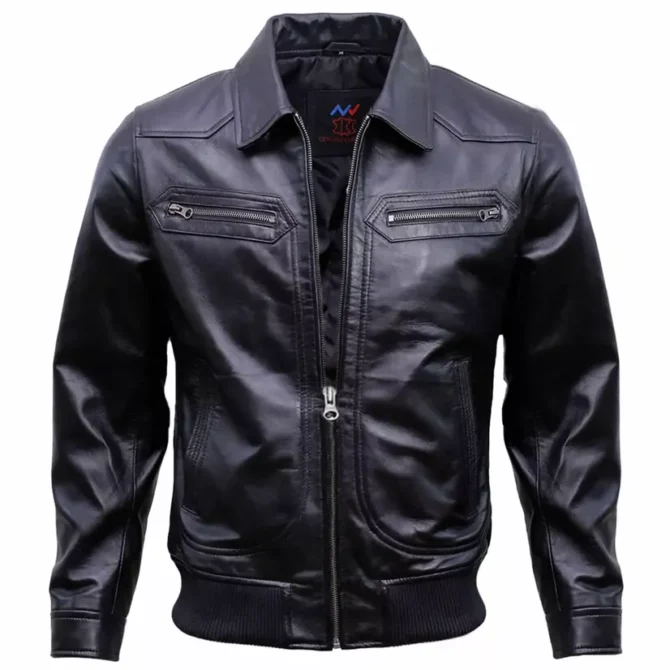Men's Vintage Black Leather Bomber Jacket
