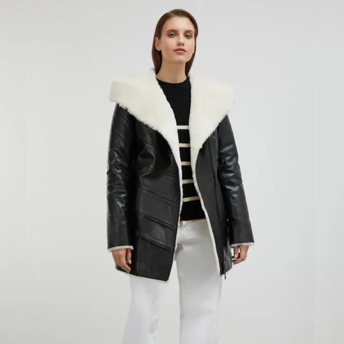 Angelina Black Shearling Leather Coat