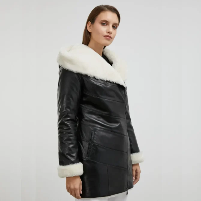 Angelina Black Shearling Leather Coat