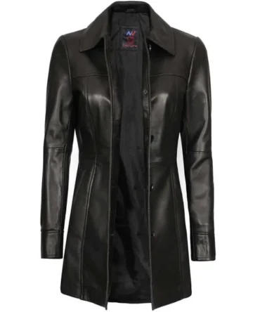 Womens 3 4 Long Black Leather Coat