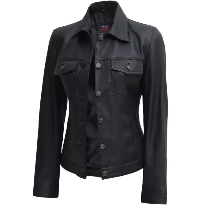 Angelina Black Leather Trucker Jacket