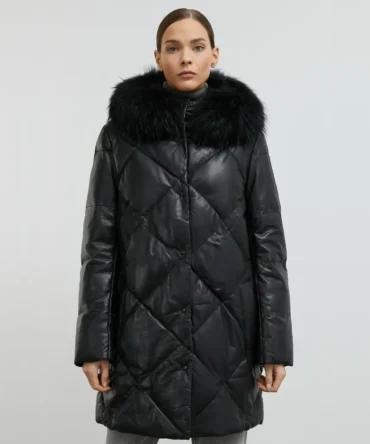 Women's Black Leather Coat With Black Fur Hood