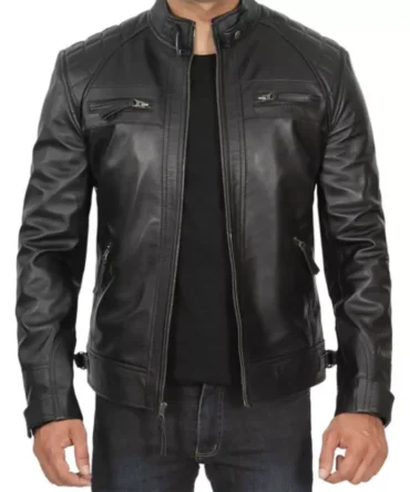 Men's Black Cafe Racer Motorcycle Leather Jacket