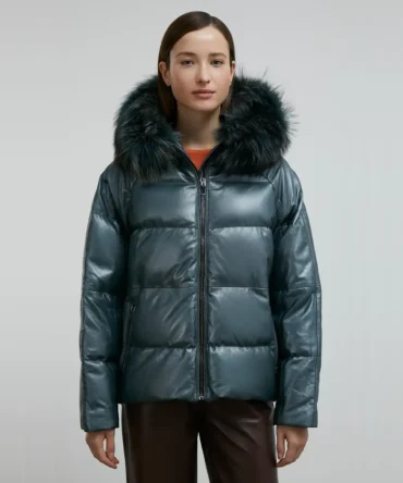 Blue Puffer Leather Coat Jacket