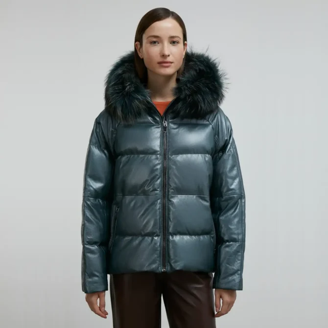 Blue Puffer Leather Coat Jacket