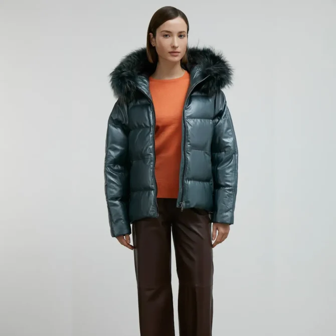 Blue Puffer Leather Coat Jacket