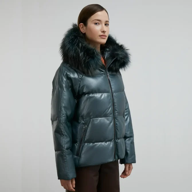 Blue Puffer Leather Coat Jacket