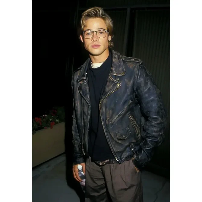 Brad Pitt Distressed Black Motorcycle Leather Jacket
