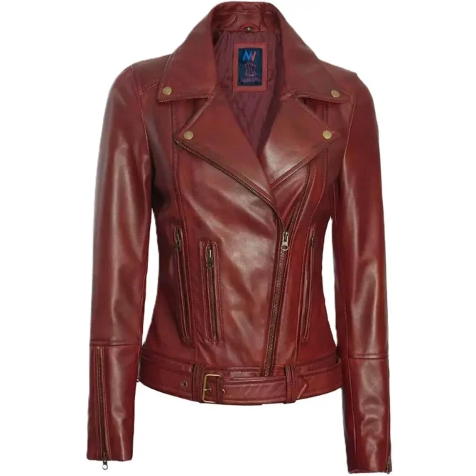 Ladies Burgundy Biker Jacket
