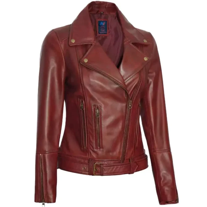 Ladies Burgundy Biker Jacket