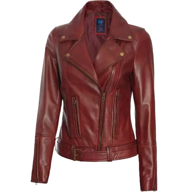 Ladies Burgundy Biker Jacket