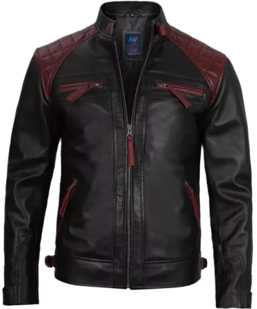 Black and Maroon Quilted Cafe Racer Leather Jacket