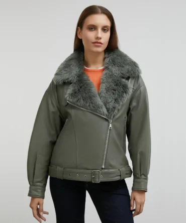 Olive Green Shearling Leather Jacket