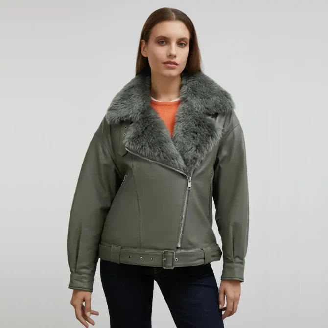 Olive Green Shearling Leather Jacket