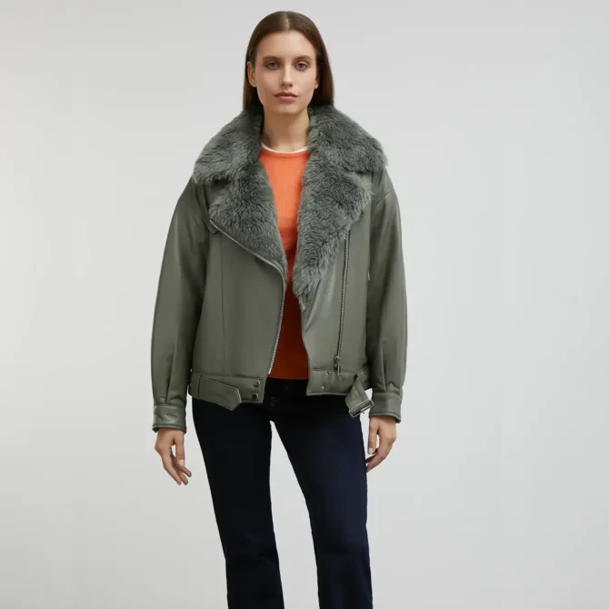 Olive Green Shearling Leather Jacket