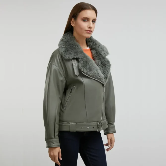 Olive Green Shearling Leather Jacket
