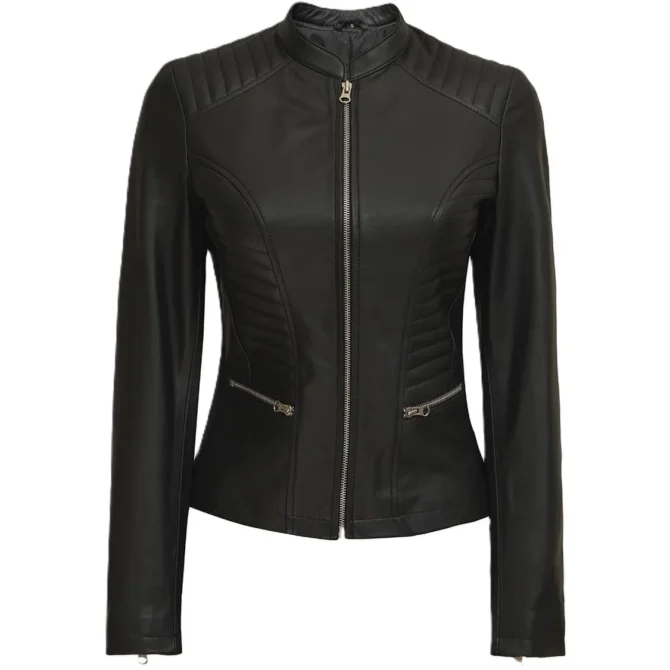 Ladies Black Leather Moto Jacket