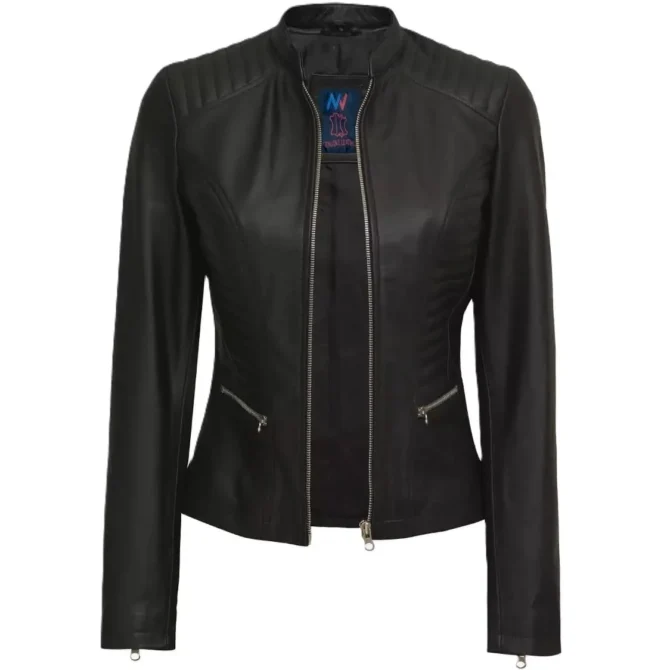 Ladies Black Leather Moto Jacket