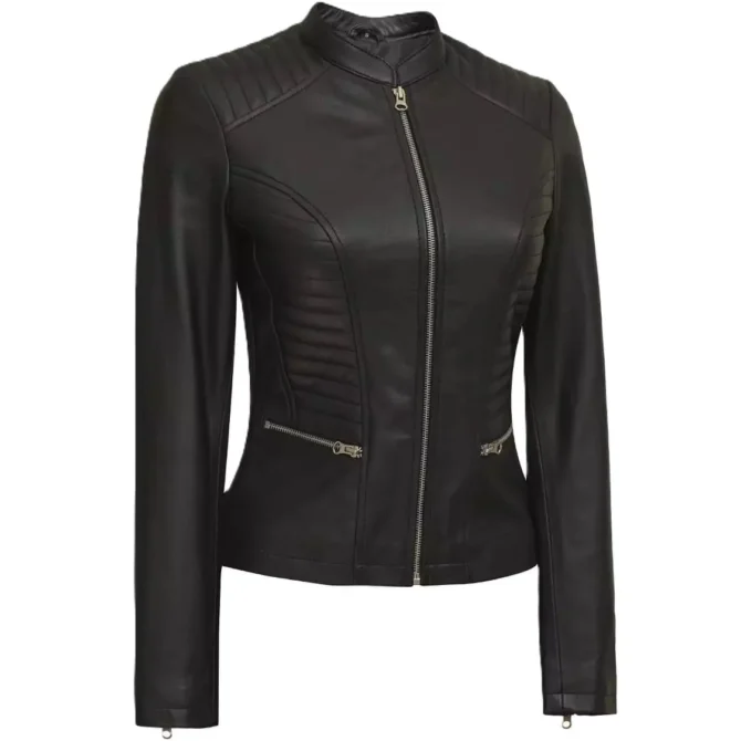 Ladies Black Leather Moto Jacket