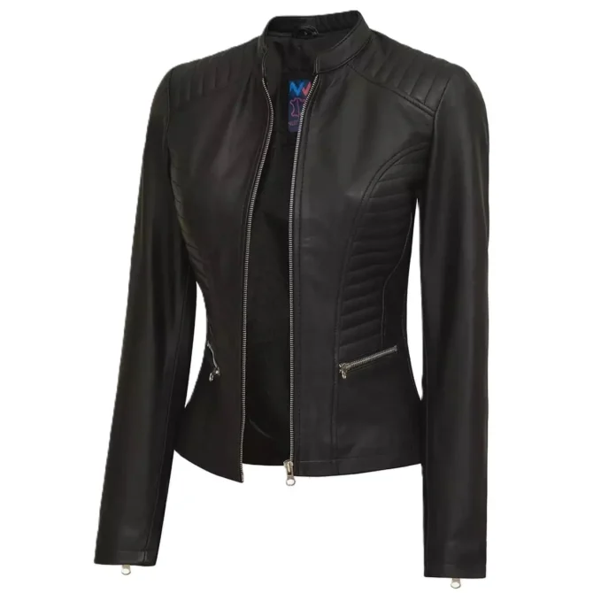 Ladies Black Leather Moto Jacket