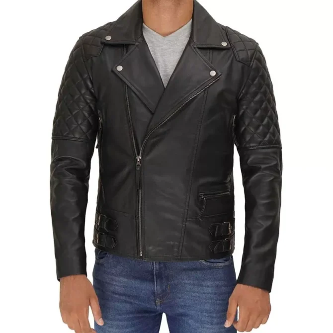 Mens Asymmetrical Biker Leather Moto Jacket