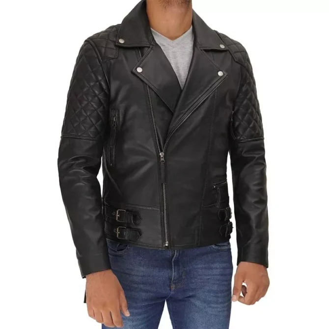 Mens Asymmetrical Biker Leather Moto Jacket