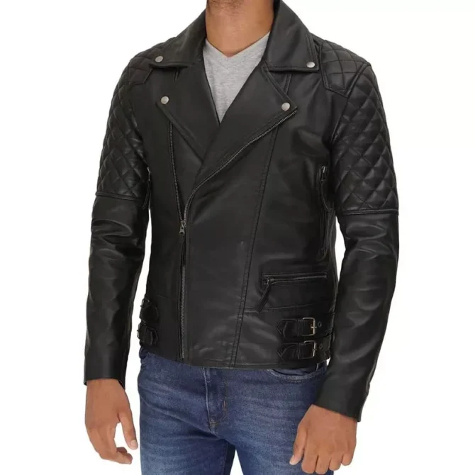 Mens Asymmetrical Biker Leather Moto Jacket