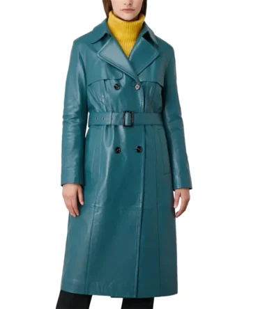 Olivia Light Blue Leather Trench Coat