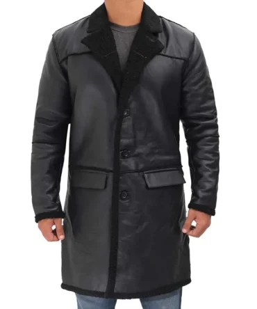 Mens Black Leather Shearling Coat