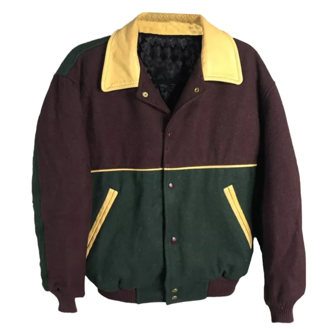 Maroon And Green Boiled Wool Varsity Jacket