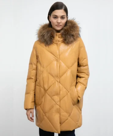 Yellow Quilted Puffer Coat With Hood