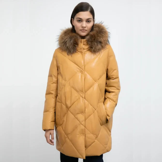 Yellow Quilted Puffer Coat With Hood