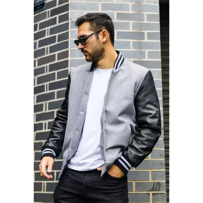 Mens Grey and Black Wool Varsity Jacket