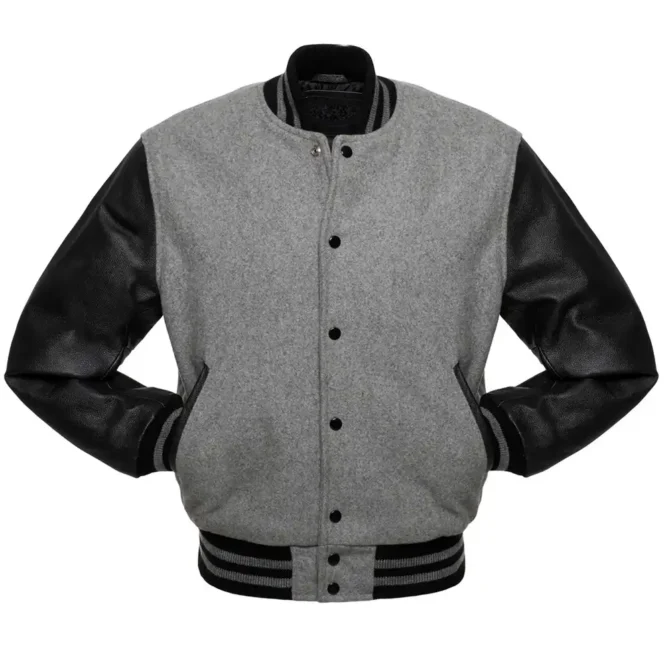 Grey Wool Black Leather Varsity Jacket