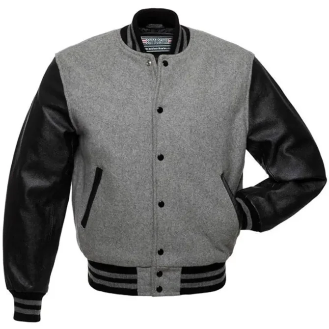 Letterman Grey Wool Black Leather Varsity Jacket