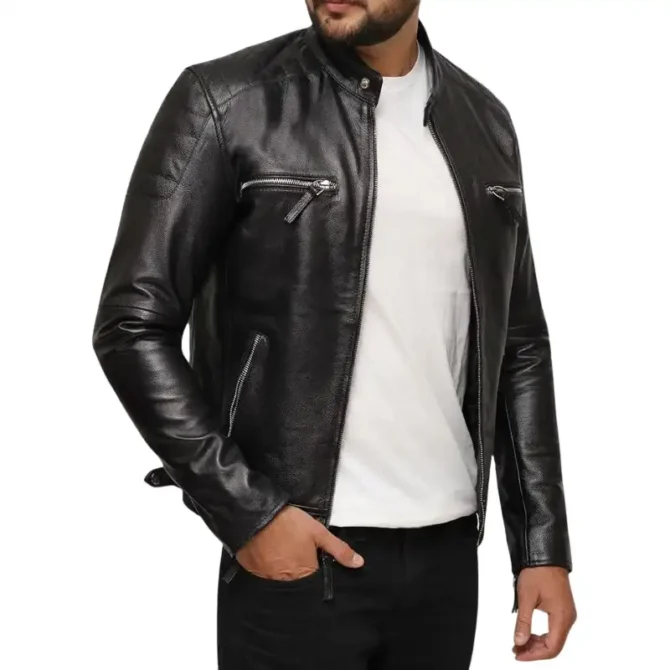 Mens Black Leather Racer Jacket