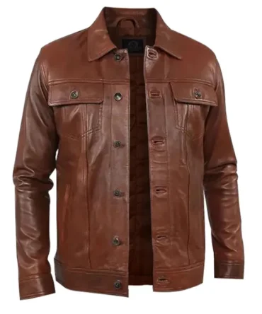 Mens Brown Buttoned Trucker Leather Jacket