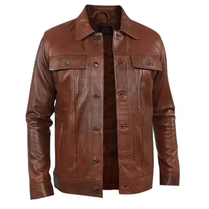 Mens Brown Buttoned Trucker Leather Jacket