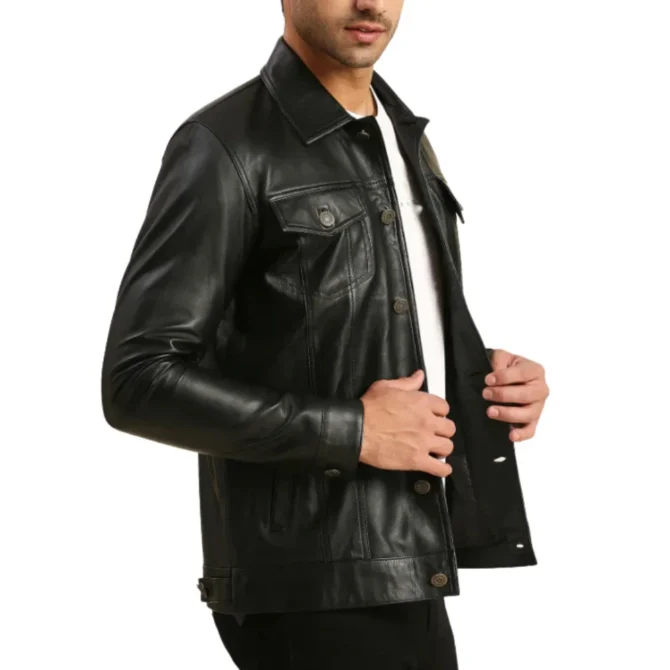 Mens Moto Style Trucker Leather Jacket