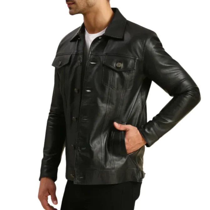 Mens Black Moto Style Trucker Leather Jacket