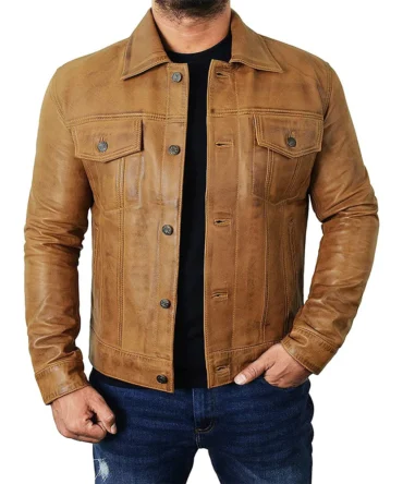 Men's Camel Brown Trucker Leather Jacket