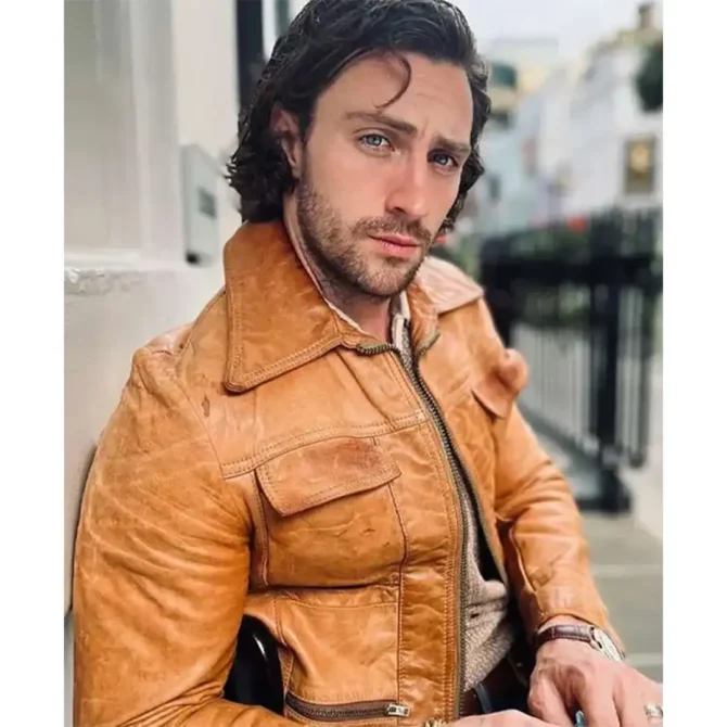 English actor Aaron Taylor-Johnson Brown Leather Jacket