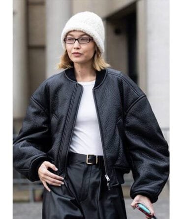 Gigi Hadid PFW 2025 Black Bomber Leather Jacket