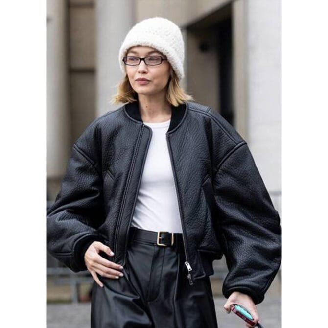 Gigi Hadid PFW 2025 Black Bomber Leather Jacket
