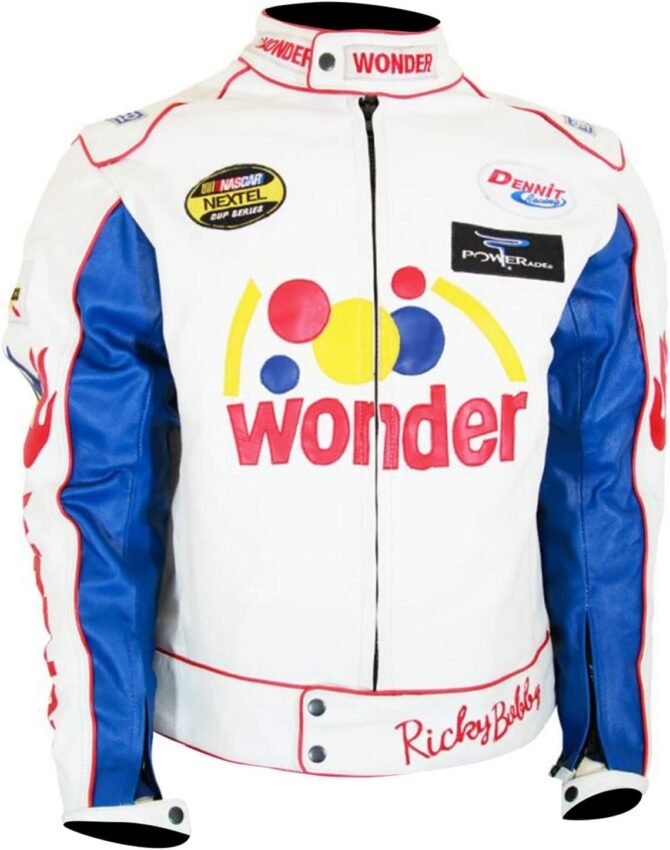 Mens Ricky Bobby Nights Racing Motorcycle Biker Leather Jacket for Men