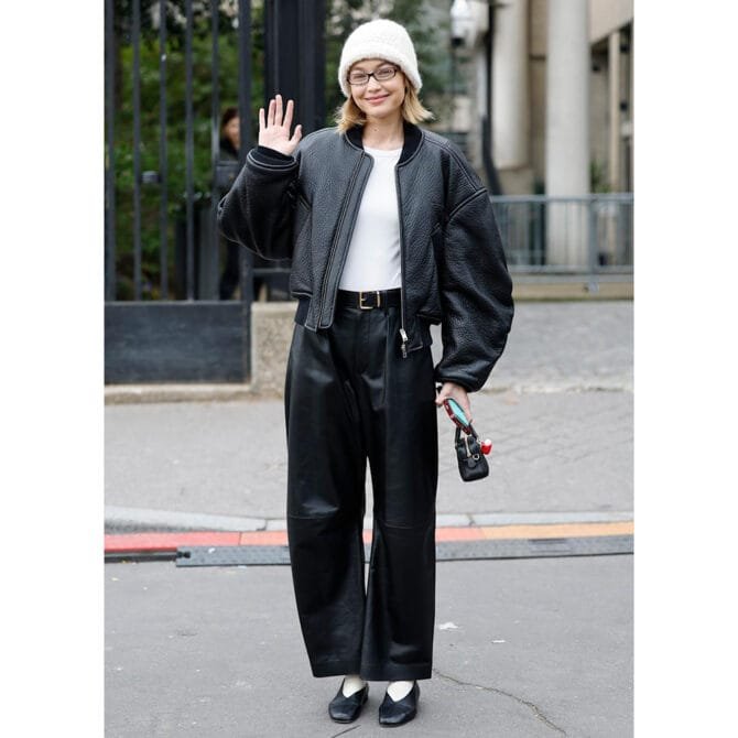 Gigi Hadid PFW 2025 Black Bomber Leather Jacket